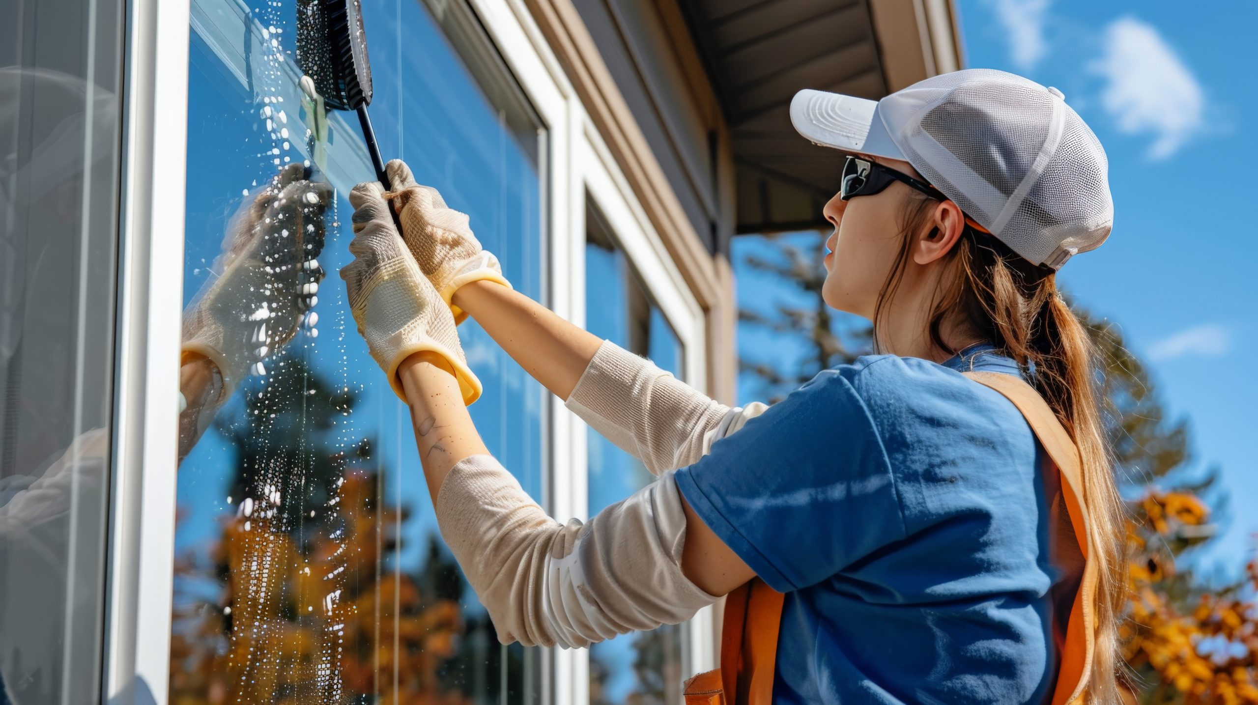 A woman outdoors, cleaning the windows of her house with a squeegee